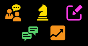Icons representing successful sales incentive program implementation - two people communicating, a knight chess piece, a pencil, two speech bubbles, and a graph with a climbing arrow