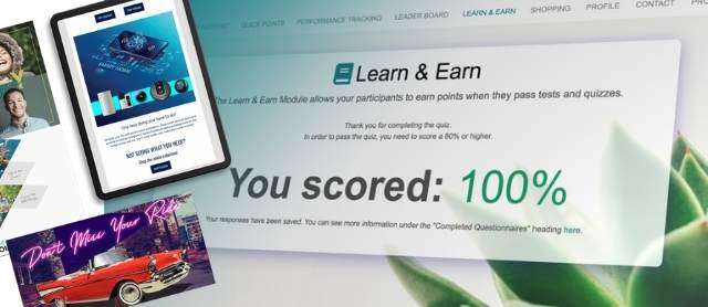 Example of using learn and earn features in sales incentive plan - a learn and earn message that reads "You scored 100%"