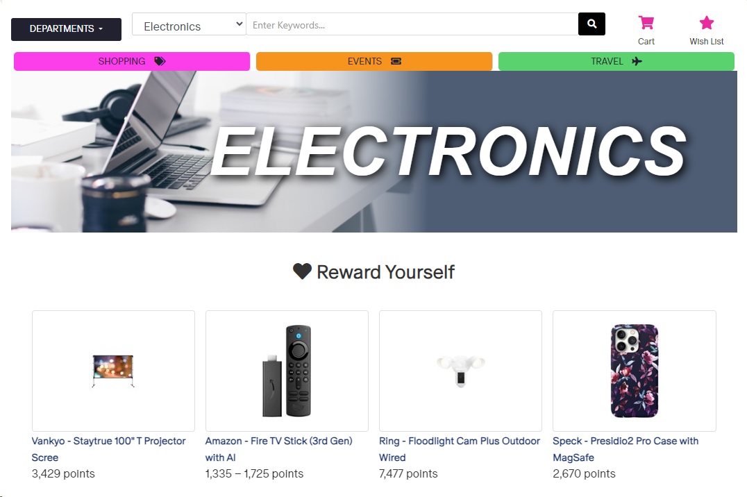 Electronics category of an online rewards catalog for a channel partner incentive program
