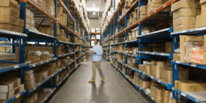 Slightly blurred person standing in the middle of a warehouse aisle - mid-tier channel partner sales
