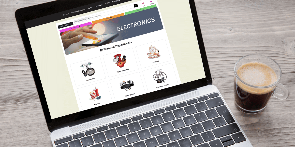 Laptop open to an online catalog featuring tangible rewards, electronics - tangible rewards vs customer rebate programs