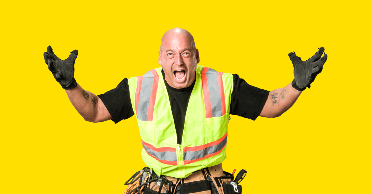 Frustrated construction worker yelling with his arms out - Unfun facts about employee engagement