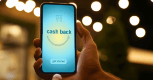 Person holding phone with "Cash Back" onscreen above a "Get started" button - distributor rebate programs