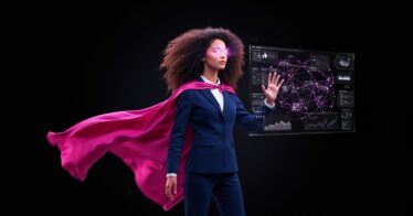 Woman in pink superhero cape with glowing pink eyes, touching a floating screen showing data