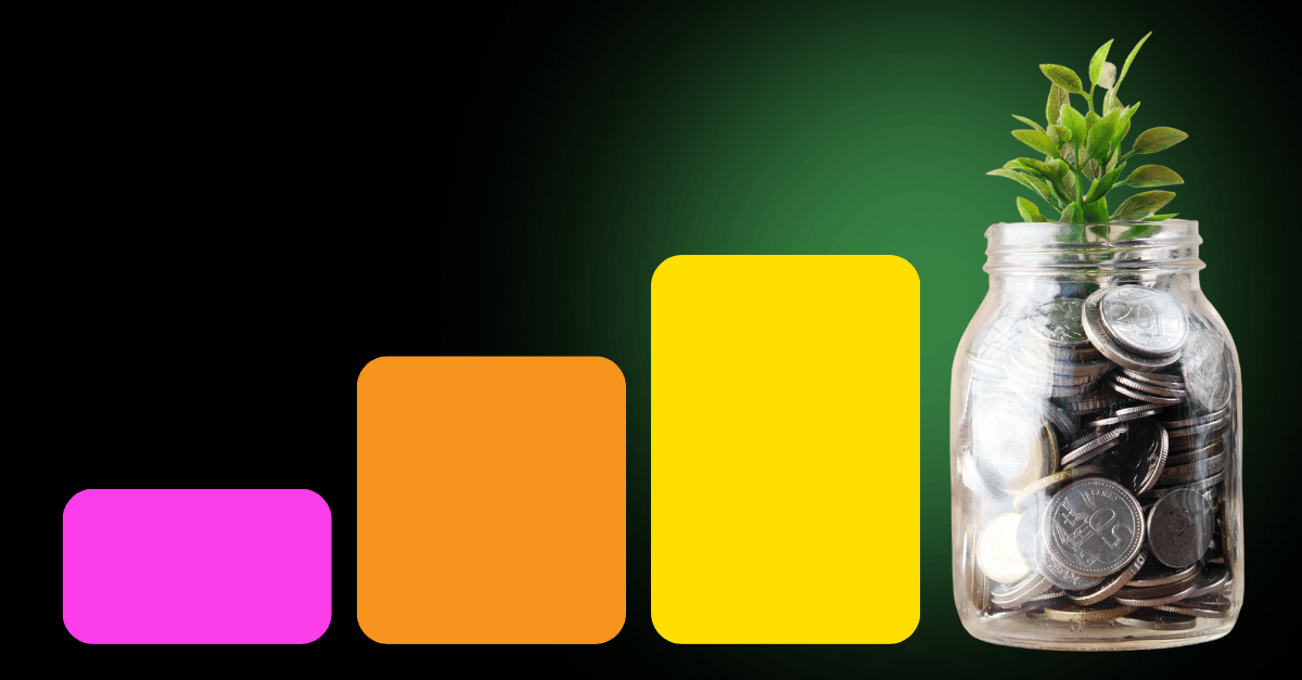 Colorful bars leading up to a jar filled with coins and topped with plant growth - outcome-based market development funds